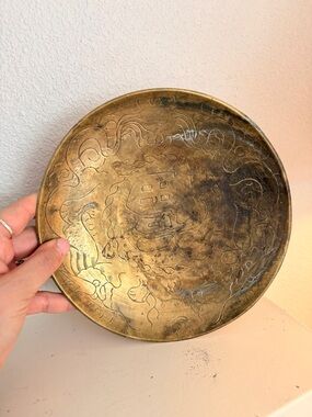 Vintage Brass Etched Dragon Plate Asian Decorative Dish 8”